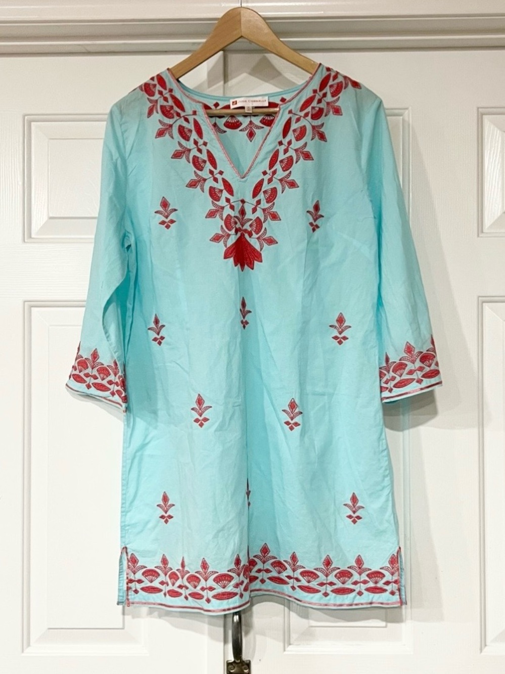 Jude Connally | Embroidery Aqua Tunic 3/4 Cotton Sleeve Top